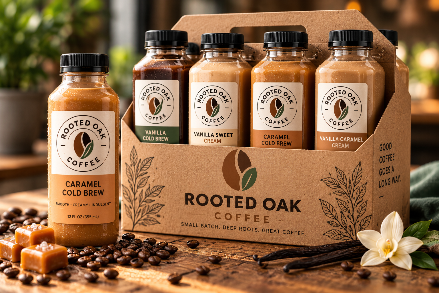 Rooted Oak Coffee bottled coffee and an open kraft six-pack carrier with assorted flavors