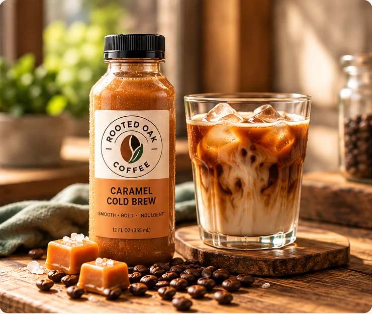 Rooted Oak caramel cold brew bottle beside a glass of iced coffee in warm natural light